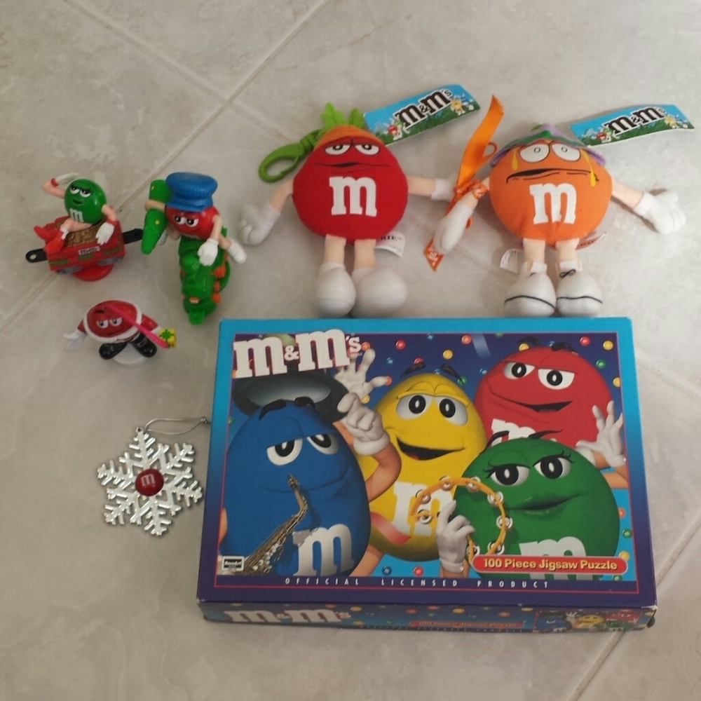 M&M's Puzzle, plushy keychains, ornaments, trains